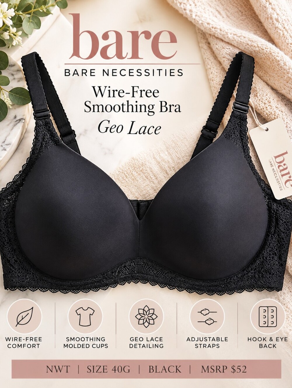 NWT 40G Bare Necessities Bare Wire-Free Smoothing Bra Geo Lace Black